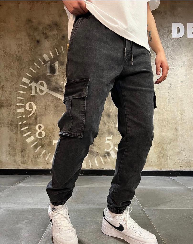 Denim Cargo Jeans - Black Side