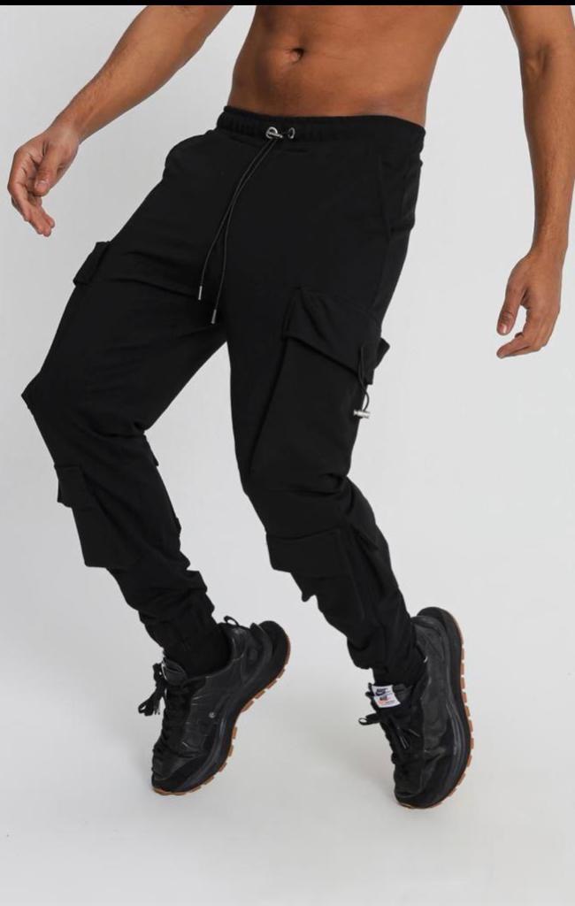 Plain Cargo Cotton Pants - Black Side